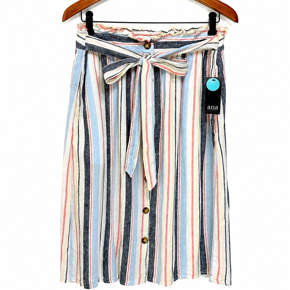 A.N.A A New Approach Striped Linen Blend Paperbag Waist Midi Skirt Size 12 NWT